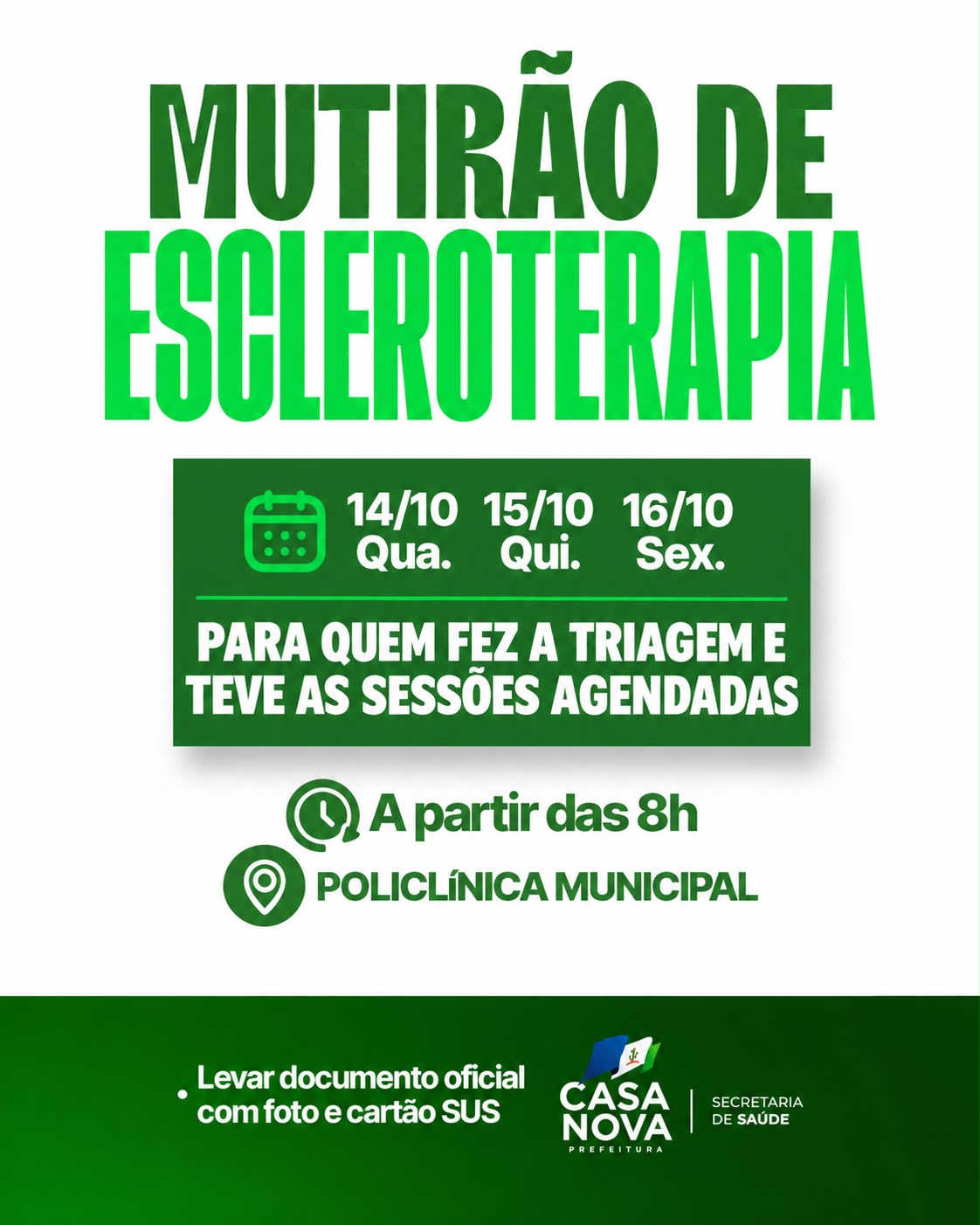 Prefeitura de Casa Nova realiza novos mutirões de escleroterapia a partir desta quarta-feira (14)